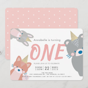 Woodland Animals White Pink Girl 1st Birthday Invitation