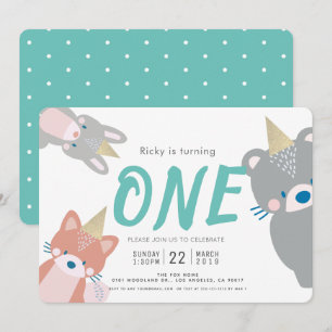 Woodland Animals White Teal Boy 1st Birthday Invitation