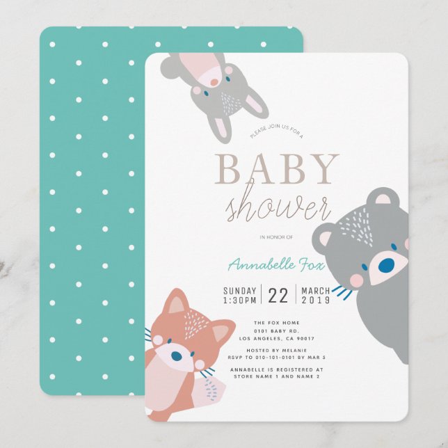 Woodland Animals White Teal Boy Baby Shower Invitation (Front/Back)