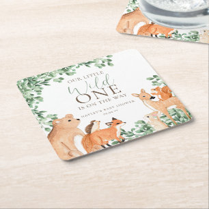 Woodland Animals White Wild One Baby Shower Square Paper Coaster
