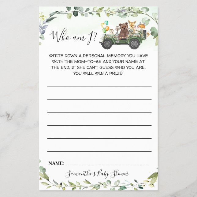 Woodland Animals Who I am Baby Shower Game Card (Front)