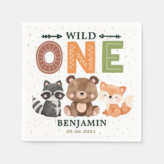 Woodland Animals Wild One Birthday Napkins (Front)
