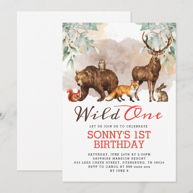 Woodland Animals Wild One Birthday Party Invitation (Front/Back)