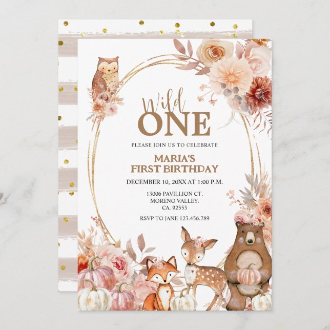 Woodland Animals Wild One Fall Floral 1st Birthday Invitation (Front/Back)