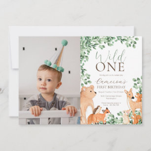 Woodland Animals Wild One First Birthday Photo Invitation