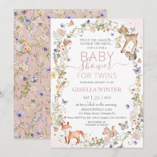 Woodland Animals Wildflower Twins Baby Shower Invitation