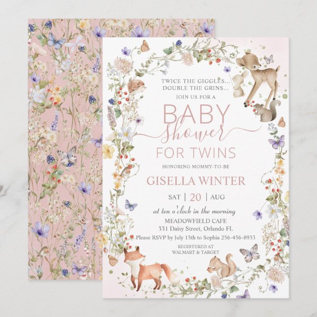 Woodland Animals Wildflower Twins Baby Shower Invitation (Front/Back)