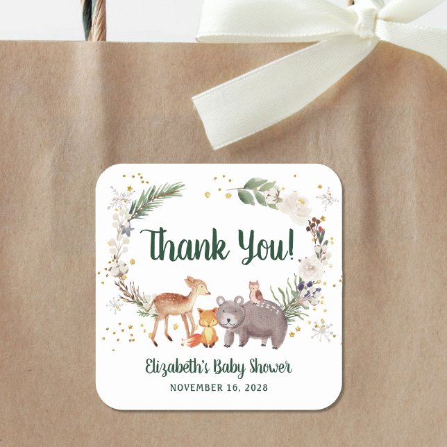 Woodland Animals Winter Baby Shower Thank You Square Sticker (Creator Uploaded)