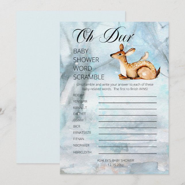 Woodland Animals Winter Baby Shower Word Scramble Invitation (Front/Back)
