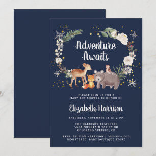 Woodland Animals Winter Blue Baby Shower Invitation