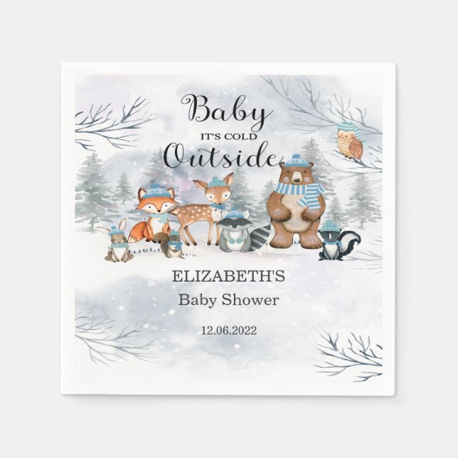 Woodland Animals Winter Blue Boy Baby Shower  Napkin (Front)