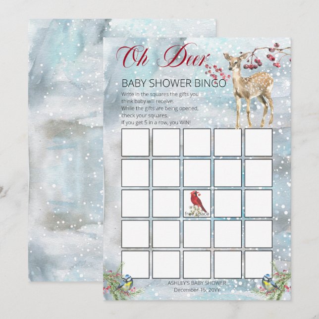 Woodland Animals Winter Boy Baby Shower Bingo Card (Front/Back)