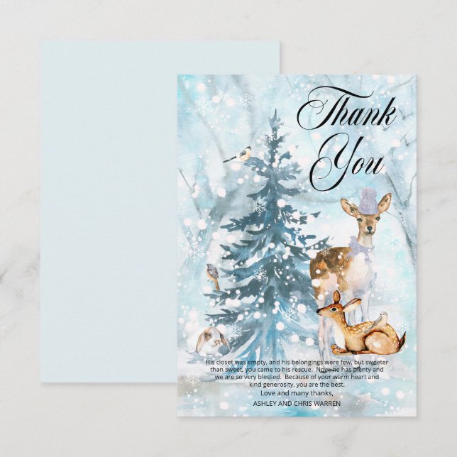 Woodland Animals Winter Boy Baby Shower Thank You Card (Front/Back)