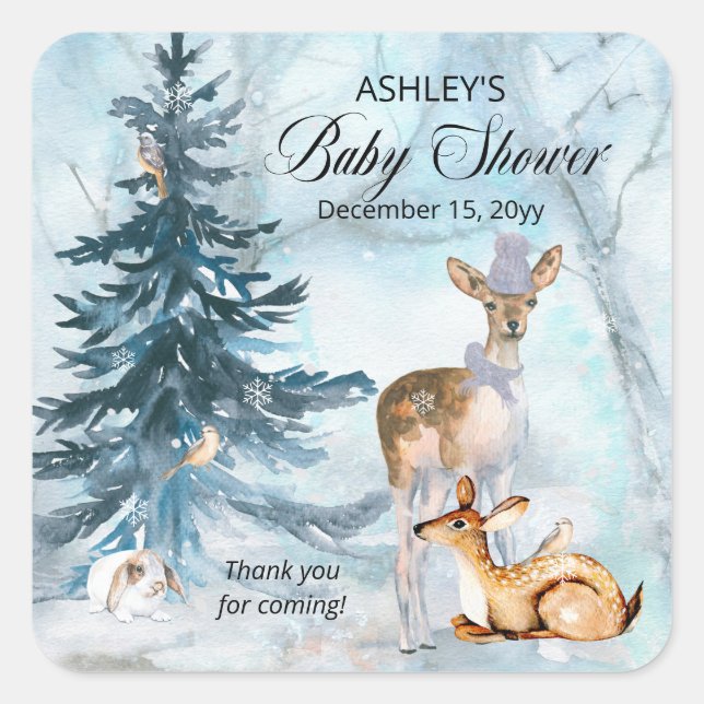 Woodland Animals Winter Boy Baby Shower Thank You Square Sticker (Front)