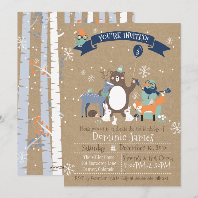 Woodland Animals Winter Boys Birthday Invitation (Front/Back)