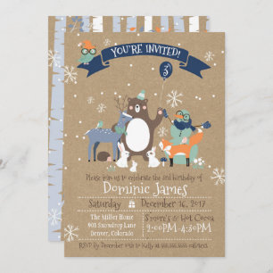 Woodland Animals Winter Boys Birthday Invitation