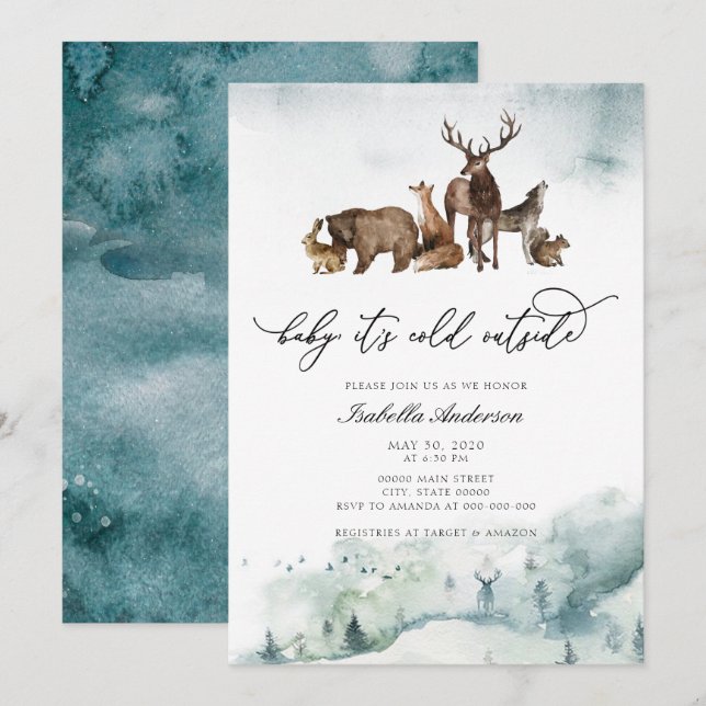 Woodland Animals Winter Cold Outside Baby Shower Invitation (Front/Back)