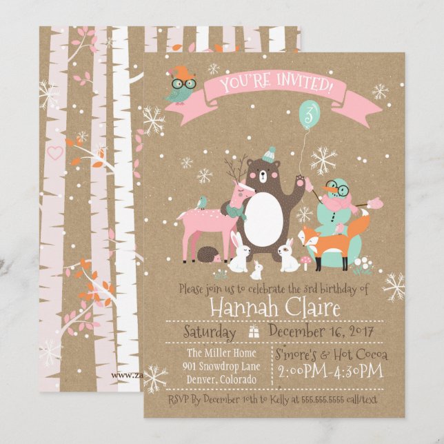 Woodland Animals Winter Girls Birthday Invitation (Front/Back)