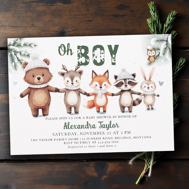 Woodland Animals Winter Green Oh Boy Baby Shower Invitation (winter baby shower invitation oh boy woodland animals cute characters watercolor snow greenery)