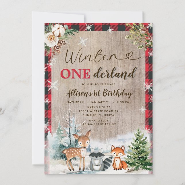  Woodland Animals Winter ONEderland 1st Birthday  Invitation (Front)