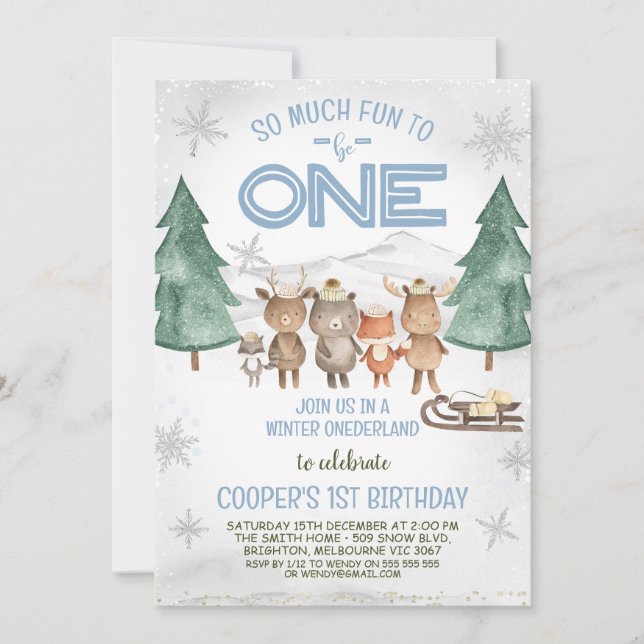 Woodland Animals Winter Onederland Birthday Invitation (Front)