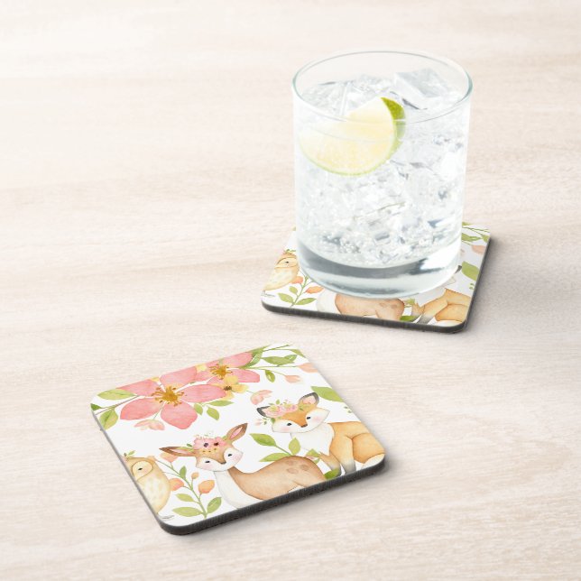Woodland Animals with Pink Florals Forest  Coaster (Right Side)