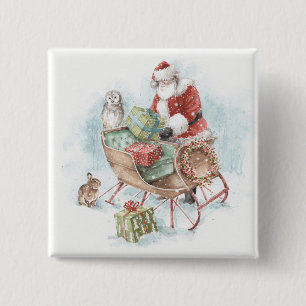Woodland Animals with Santa Claus and His Sleigh 15 Cm Square Badge