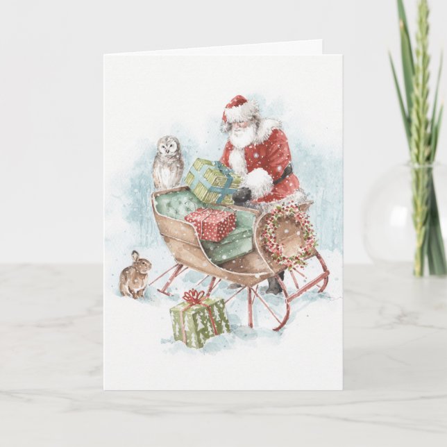 Woodland Animals with Santa Claus and His Sleigh Holiday Card (Front)
