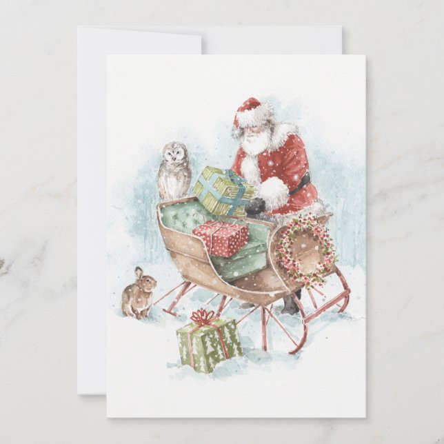 Woodland Animals with Santa Claus and His Sleigh Holiday Card (Front)