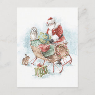 Woodland Animals with Santa Claus and His Sleigh Holiday Postcard