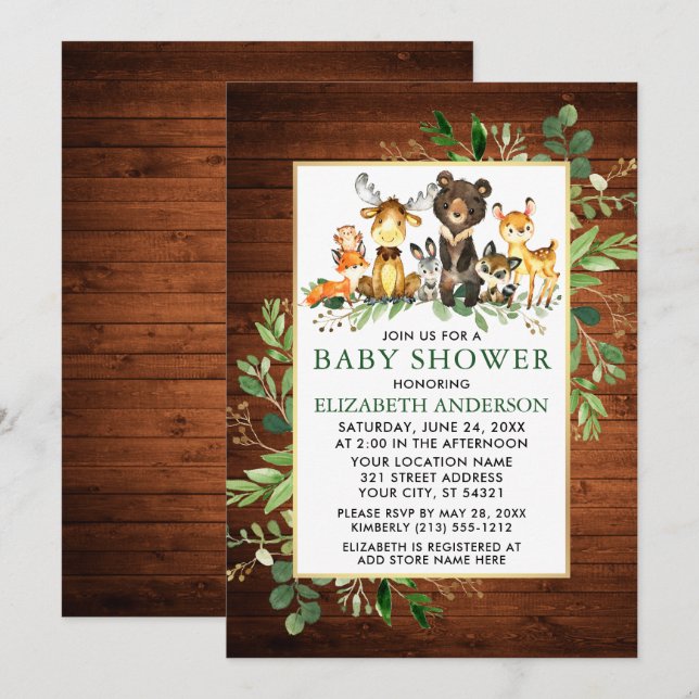 Woodland Animals Wood Greenery Baby Shower Invitation (Front/Back)