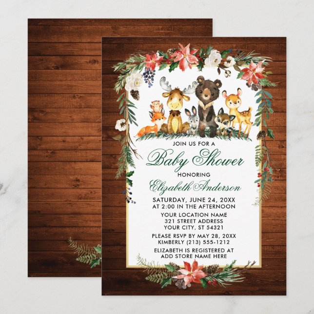 Woodland Animals Wood Holiday Baby Shower Invitation (Front/Back)