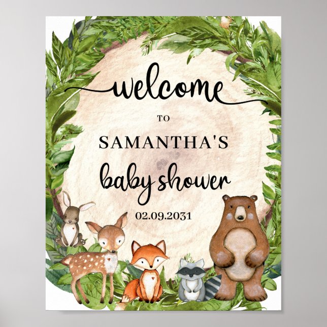 Woodland animals wood log baby shower welcome sign (Front)