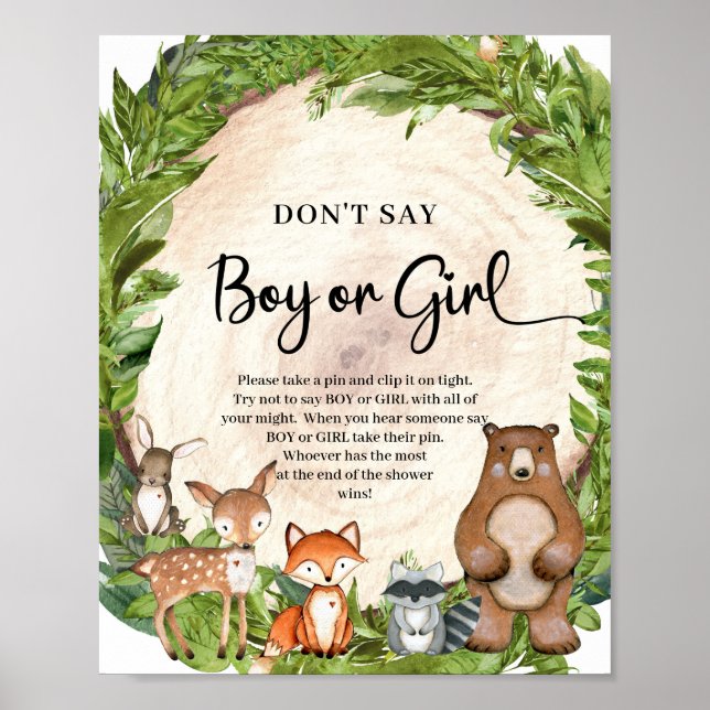 Woodland animals wood log Don’t Say BOY or GIRL Poster (Front)