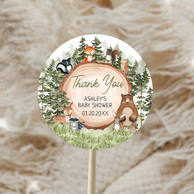Woodland Animals Wood Slice Baby Shower Classic Round Sticker (Woodland Animals Wood Slice Baby Shower Sticker)