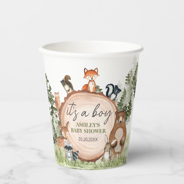 Woodland Animals Wood Slice Baby Shower Paper Cups (Front)