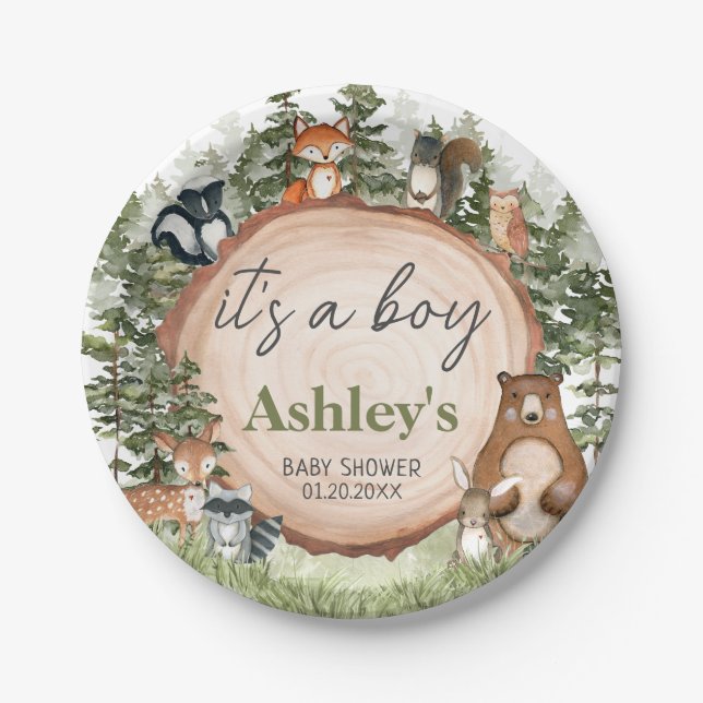 Woodland Animals Wood Slice Baby Shower Paper Plate (Front)