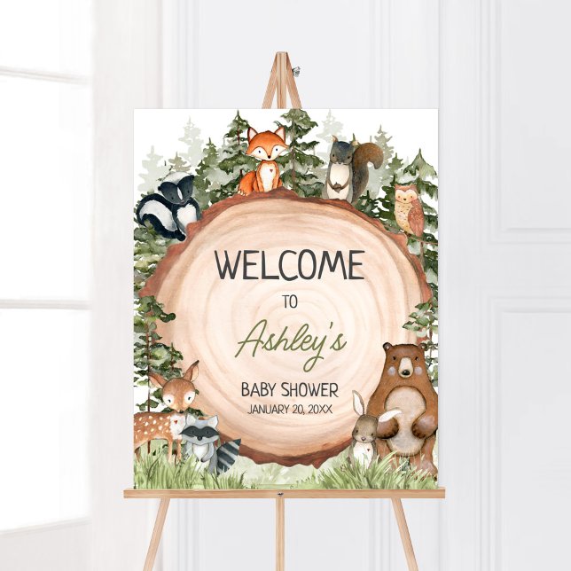 Woodland Animals Wood Slice Welcome Poster (Boy Woodland Animals Baby Shower Welcome Sign)