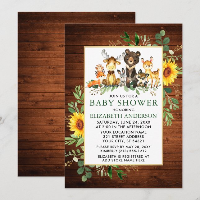 Woodland Animals Wood Sunflowers Baby Shower Invitation (Front/Back)