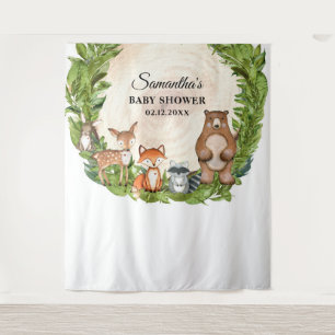 Woodland animals wooden slice baby shower tapestry