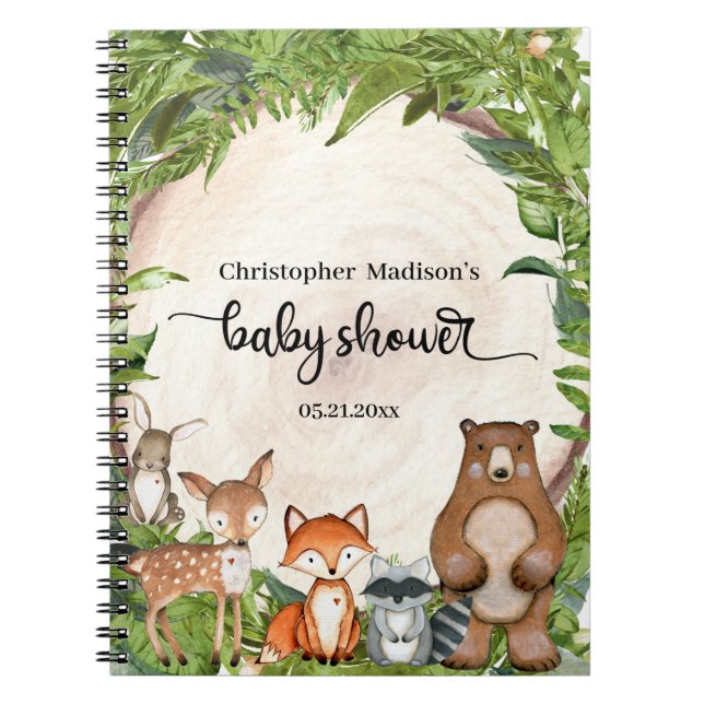 Woodland animals wooden slice greenery baby notebook (Front)