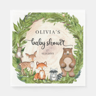Woodland animals wooden slice greenery Baby Shower Napkin