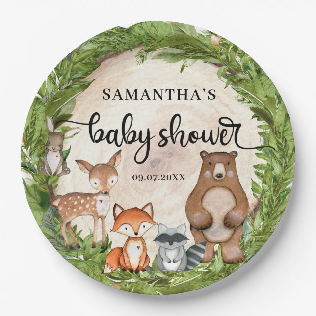 Woodland animals wooden slice greenery baby shower paper plate (Front)