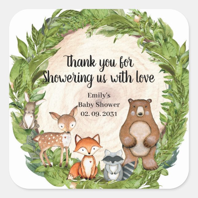 Woodland animals wooden slice greenery baby square sticker (Front)