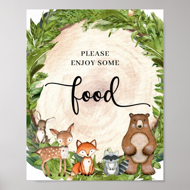Woodland animals wooden slice greenery food sign (Front)