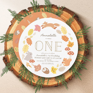 Woodland Animals Wreath 1st Birthday Invitation