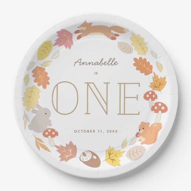 Woodland Animals Wreath Fall 1st Birthday Paper Plate (Front)
