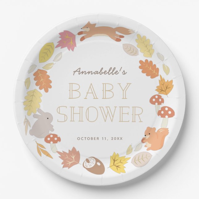 Woodland Animals Wreath Fall Baby Shower Paper Plate (Front)