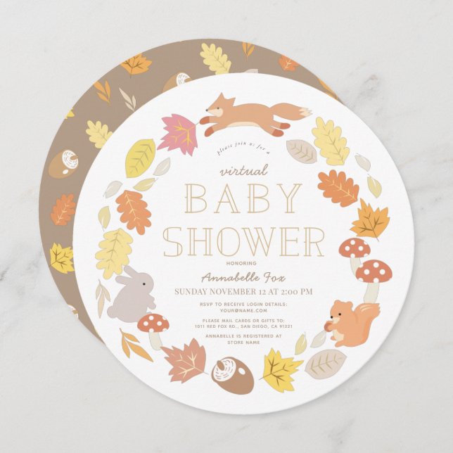 Woodland Animals Wreath Virtual Baby Shower Circle Invitation (Front/Back)