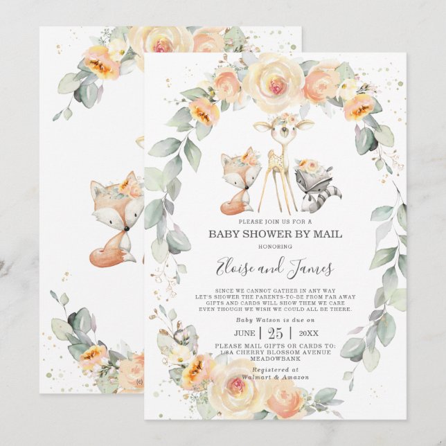 Woodland Animals Yellow Floral Baby Shower by Mail Invitation (Front/Back)
